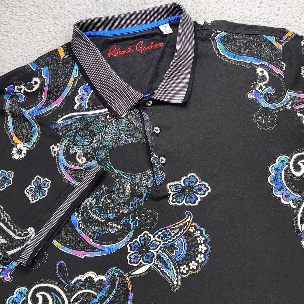 Robert Graham Polo Shirt Mens Large Black Skull Paisley Classic Fit Graphic